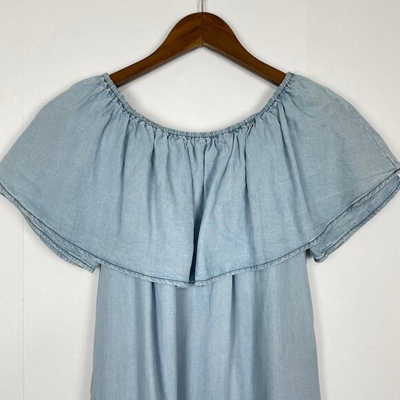 Sanctuary | Stella Flounce Blue Chambray Off the Shoulder Mini Dress - Picture 4 of 11